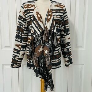 Me Jane Tribal Print Fringe Blanket Jacket Cardigan - Open Front
